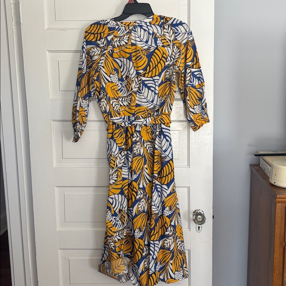 Talbots Yellow and Blue Leaf Print Long Sleeve Dress - Picture 5 of 5